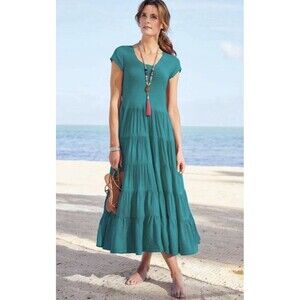 Soft Surroundings Tropical Green Tiered Cap-Sleeve Maxi Dress